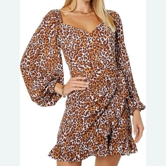 Lilly Pulitzer Lila Leopard Print Puff Sleeve Faux Wrap Ruffled Dress NWT Size 4 - Picture 9 of 9